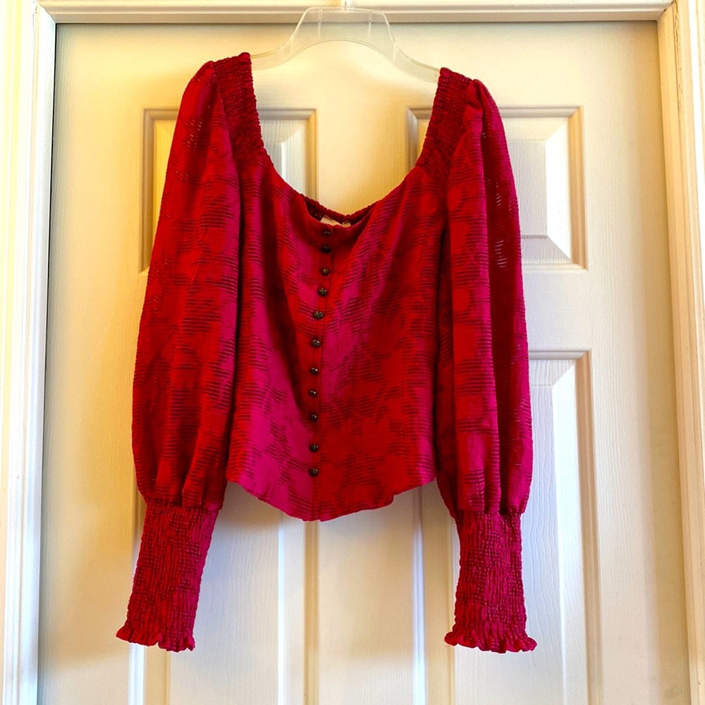 Adorable Anthropologie raspberry square neck blouse, XS-M, NWT